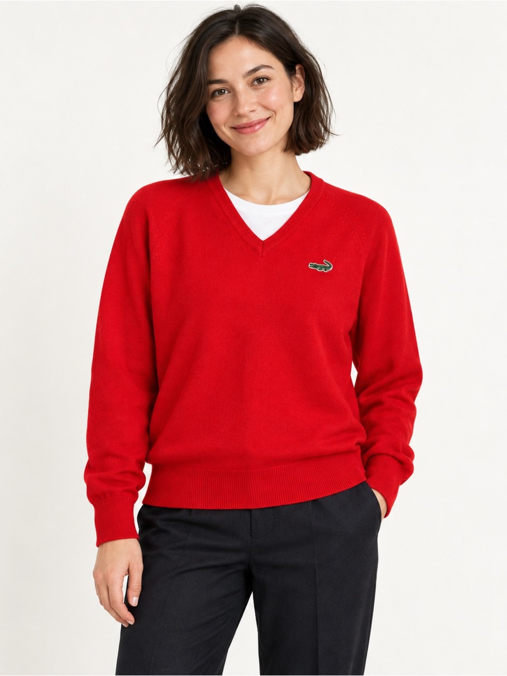 Crocodile Original Vintage Red Wool V-Neck Sweater Unisex M Fits Small